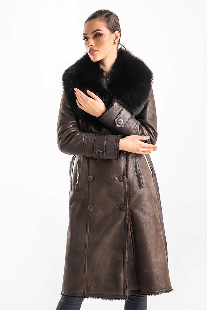 Brown Genuine Merino Shearling Coat with Arctic Fox Fur Collar-Leather Coats-Buy Me Fur Ltd-Brown-S-Genuine Merino Shearling-Urbanheer