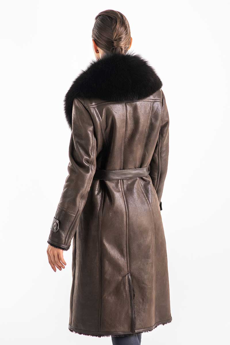 Brown Genuine Merino Shearling Coat with Arctic Fox Fur Collar-Leather Coats-Buy Me Fur Ltd-Brown-S-Genuine Merino Shearling-Urbanheer