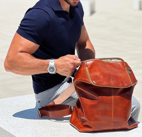 Brown Leather Backpack - A Bend in the River Cognac-Backpacks-Time Resistance-11.4 x 5.1 x 14.6 in (29 x 13 x 37 cm)-Cognac-Urbanheer