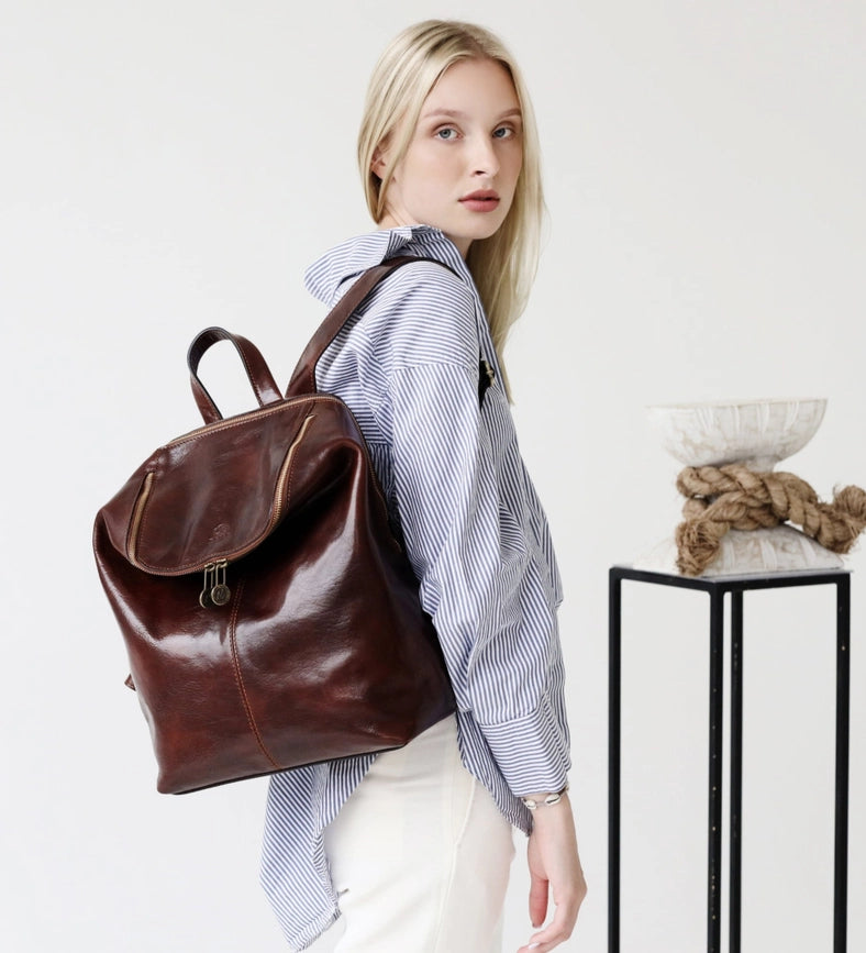 Brown Leather Backpack For Women - A Bend in the River Brown-Backpacks-Time Resistance-11.4 x 5.1 x 14.6 in (29 x 13 x 37 cm)-Brown-Urbanheer