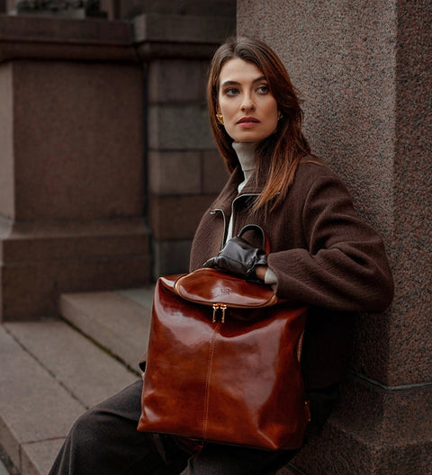 Brown Leather Backpack For Women - A Bend in the River Cognac-Backpacks-Time Resistance-11.4 x 5.1 x 14.6 in (29 x 13 x 37 cm)-Cognac-Urbanheer