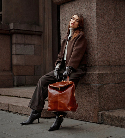 Brown Leather Backpack For Women - A Bend in the River Cognac-Backpacks-Time Resistance-11.4 x 5.1 x 14.6 in (29 x 13 x 37 cm)-Cognac-Urbanheer
