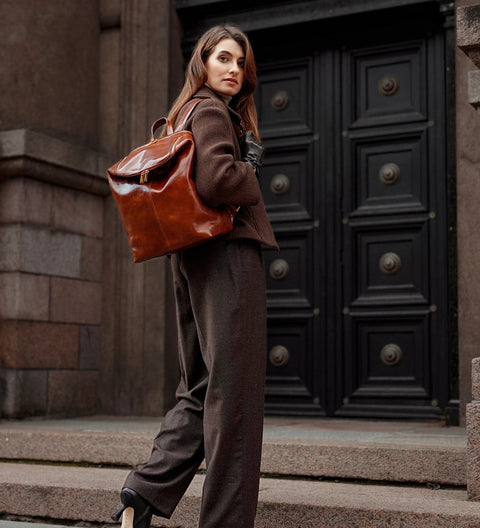Brown Leather Backpack For Women - A Bend in the River Cognac-Backpacks-Time Resistance-11.4 x 5.1 x 14.6 in (29 x 13 x 37 cm)-Cognac-Urbanheer