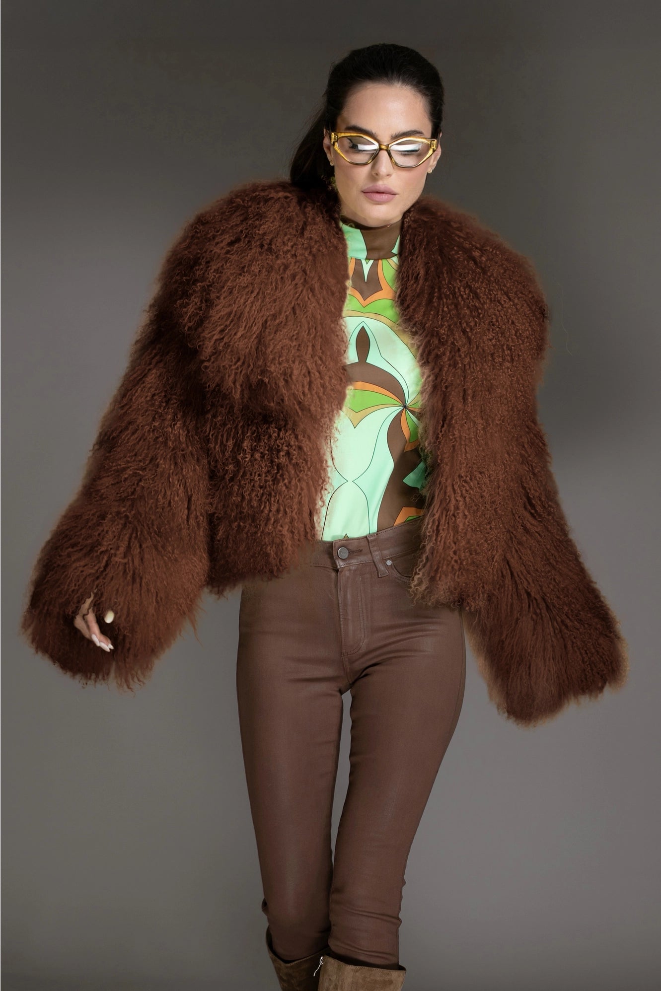 Brown Mongolian Sheared Wool Coat