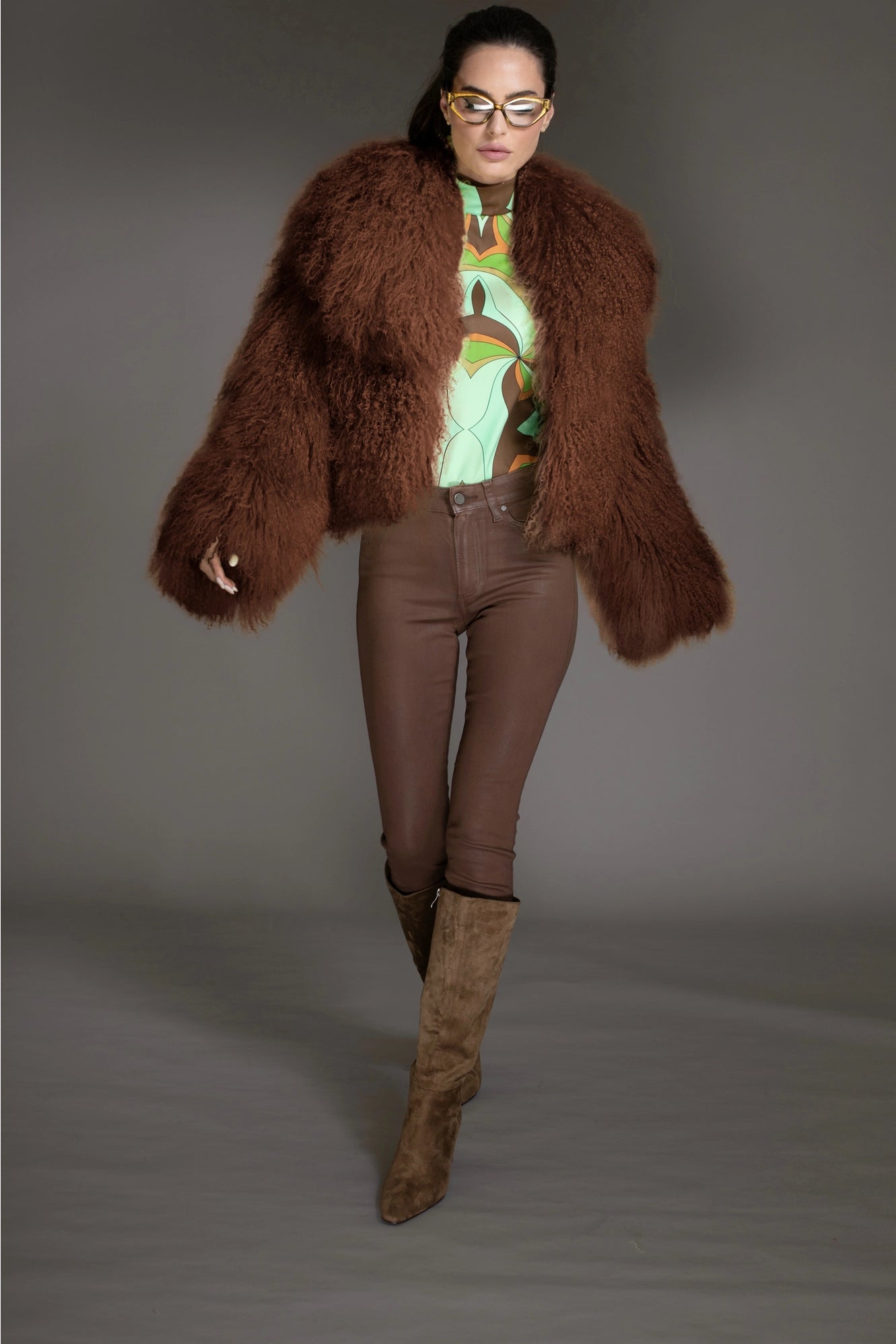 Brown Mongolian Sheared Wool Coat
