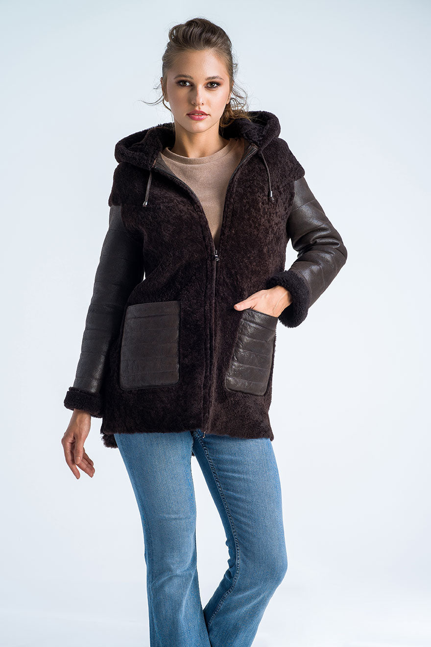 Brown Natural Shearling Sheepskin Hooded Jacket-Leather Jackets-Buy Me Fur Ltd-Brown-S-Shearling Leather-Urbanheer
