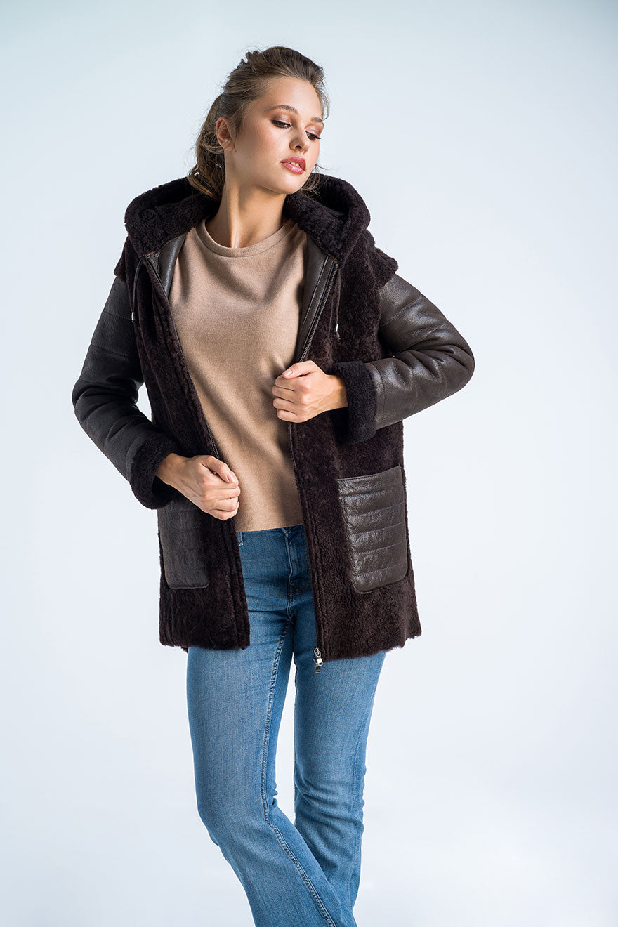Brown Natural Shearling Sheepskin Hooded Jacket-Leather Jackets-Buy Me Fur Ltd-Brown-S-Shearling Leather-Urbanheer