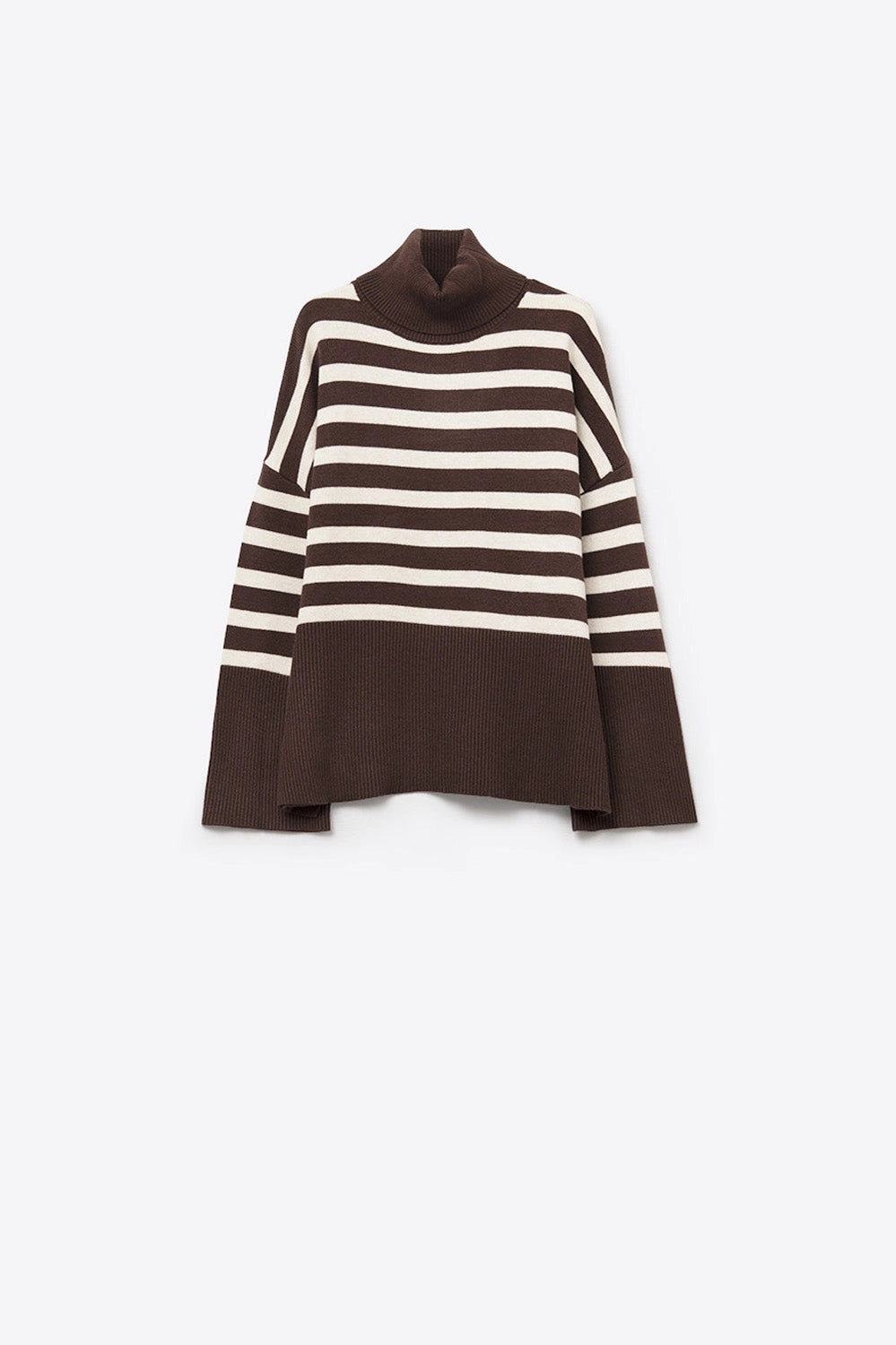 Brown Oversized Turtleneck Sweater with White Stripes and Splits On the Side