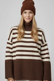 Brown Oversized Turtleneck Sweater with White Stripes and Splits On the Side