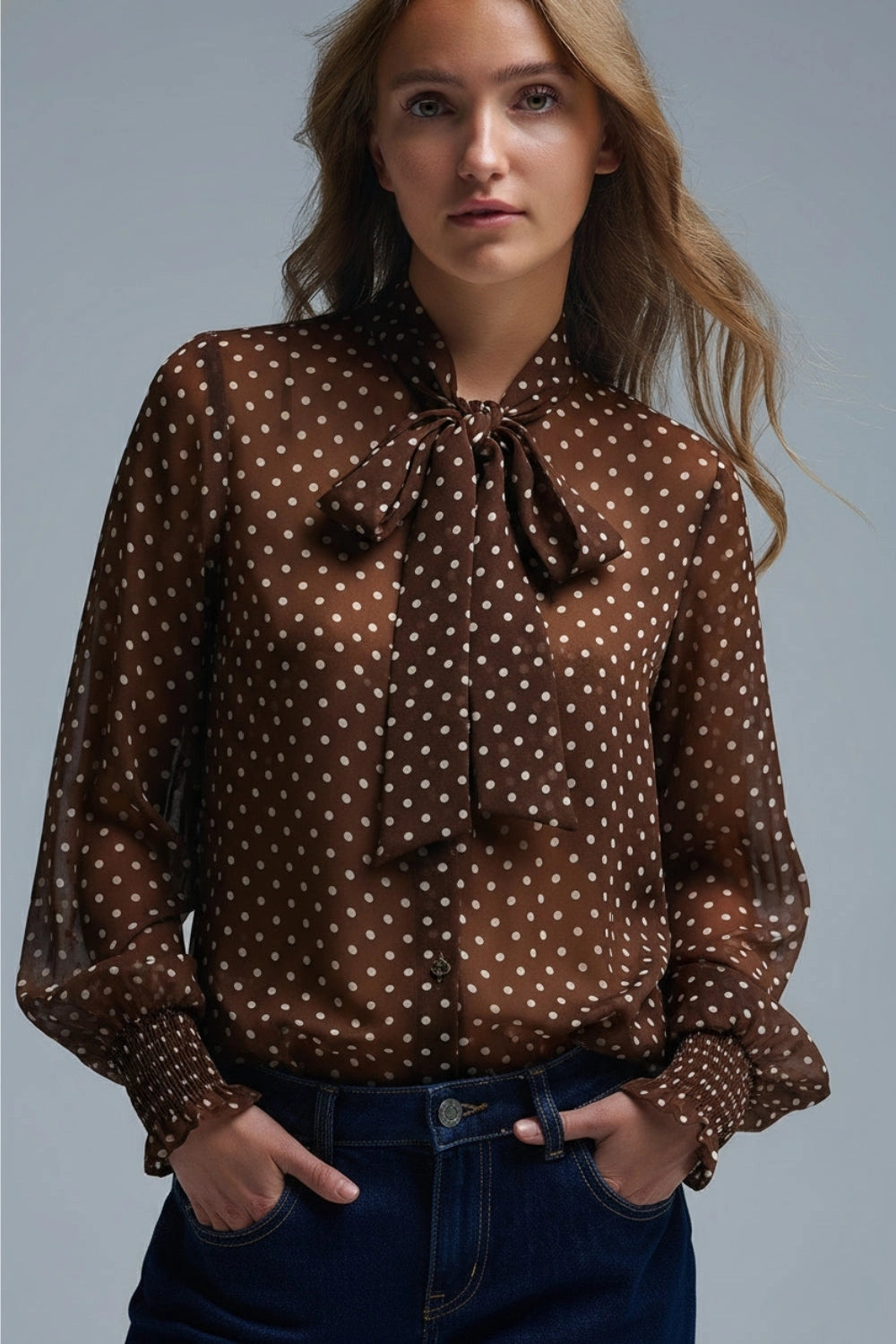 Brown Polka-Dot Shirt with Lace Detail in Chiffon Fabric