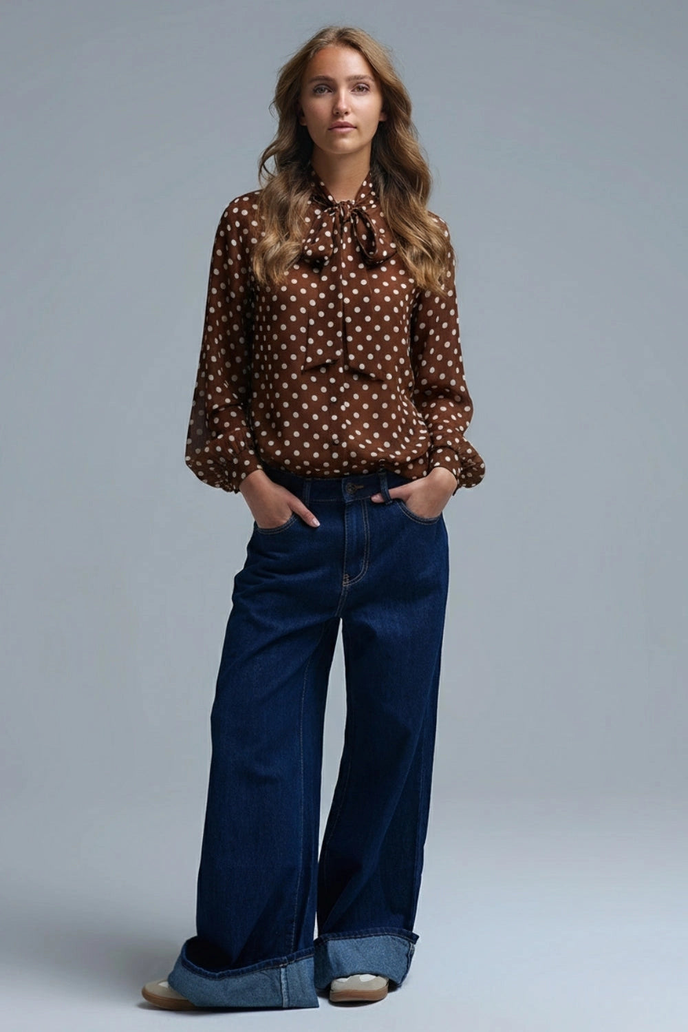 Brown Polka-Dot Shirt with Lace Detail in Chiffon Fabric