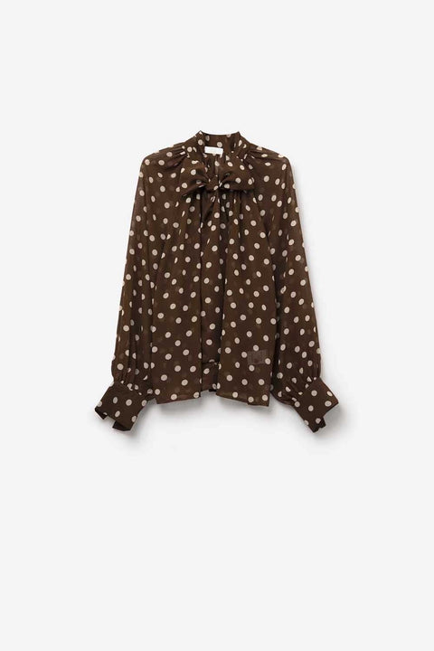 Brown Polka-Dot Shirt with Lace Detail in Chiffon Fabric