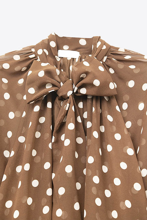 Brown Polka-Dot Shirt with Lace Detail in Chiffon Fabric