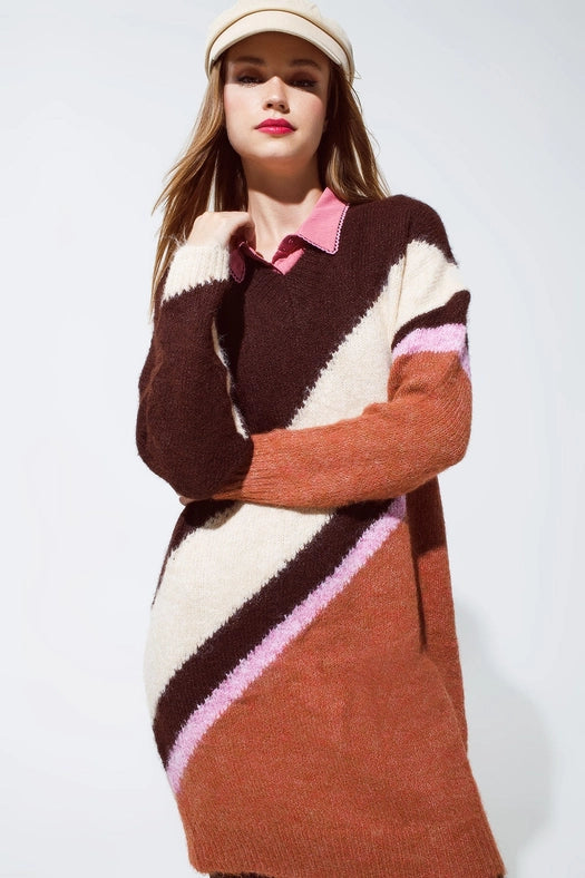 Brown Striped Oversized Chunky Knit Dress with Crew Neck-Dress-Q2-OS-Brown-Urbanheer