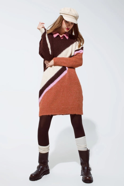 Brown Striped Oversized Chunky Knit Dress with Crew Neck-Dress-Q2-OS-Brown-Urbanheer