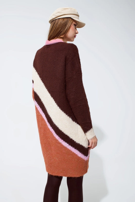 Brown Striped Oversized Chunky Knit Dress with Crew Neck-Dress-Q2-OS-Brown-Urbanheer