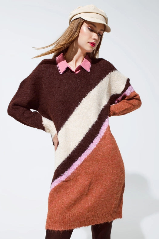 Brown Striped Oversized Chunky Knit Dress with Crew Neck-Dress-Q2-OS-Brown-Urbanheer