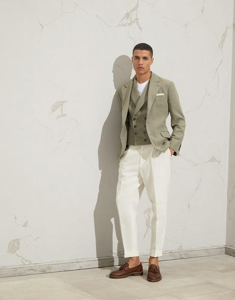 Brunello Cucinelli Army Linen Sleveless Jacket