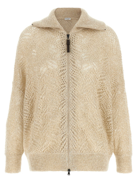 Brunello Cucinelli Beige Dazzling Abstract Leaf Cardigan