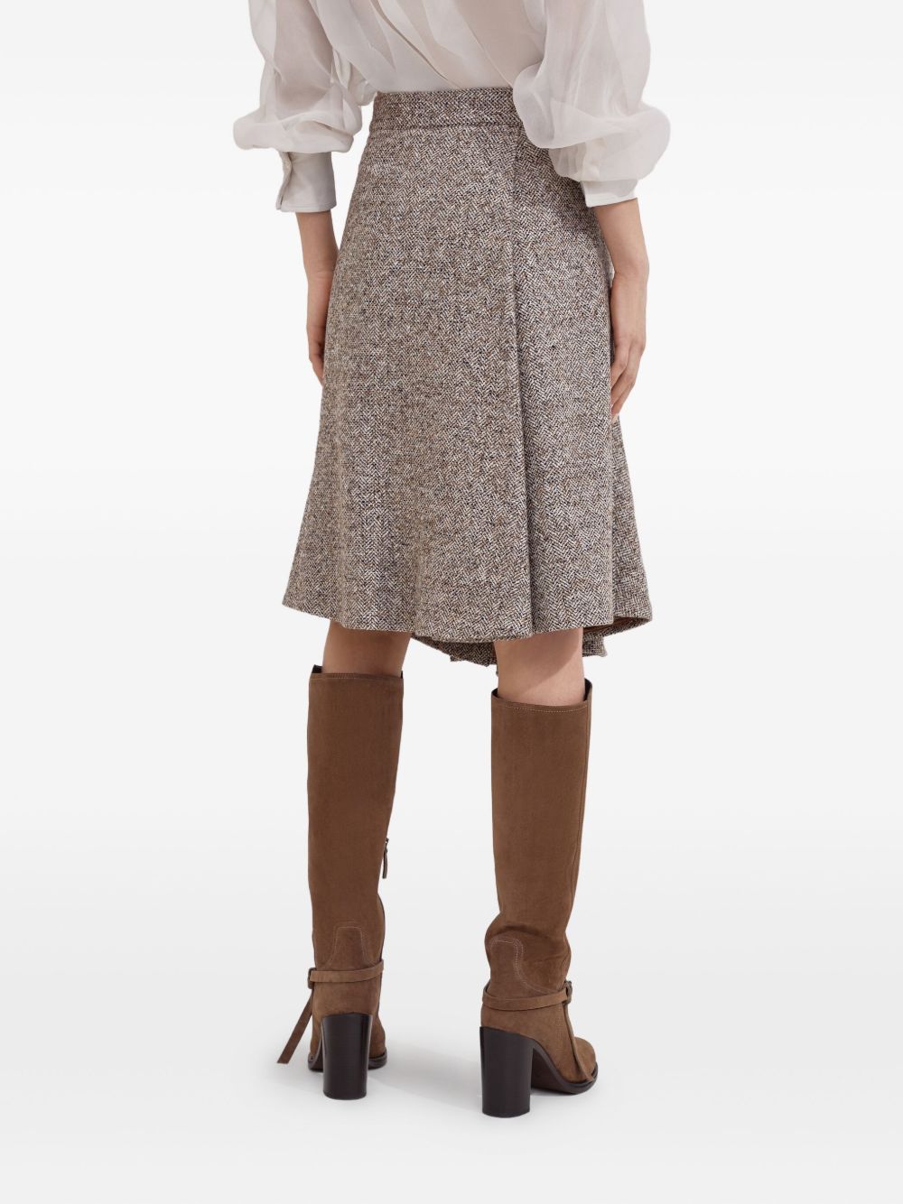 Brunello Cucinelli Flecked virgin wool and silk chevron kilt skirt with monili