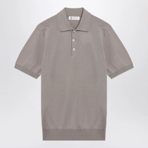 Brunello Cucinelli Light brown cotton knit polo shirt