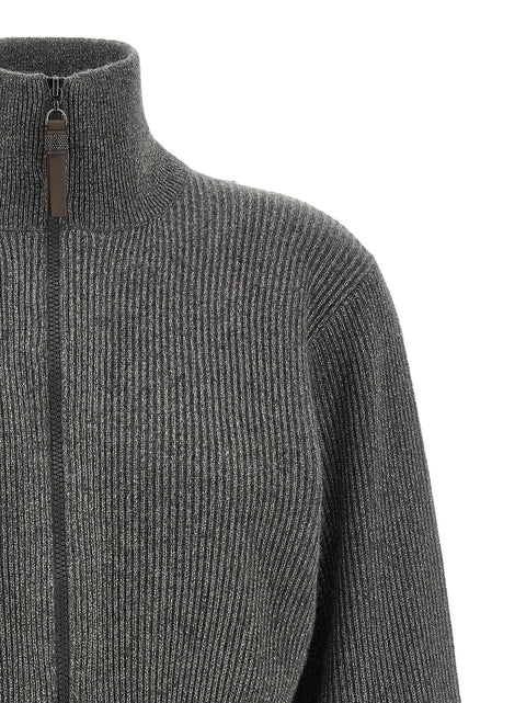 Brunello Cucinelli Ribbed Cardigan With Leather Detail