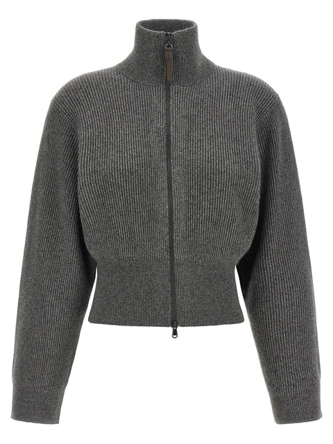 Brunello Cucinelli Ribbed Cardigan With Leather Detail