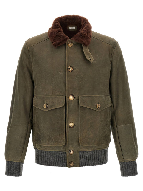 Brunello Cucinelli Waxed Shearling Bomber Jacket