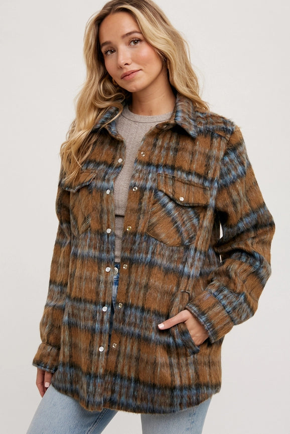 Brushed Flannel Plaid Shacket MOCHA COMBO-Jacket-Peace Love Line-S-MOCHA COMBO-Urbanheer