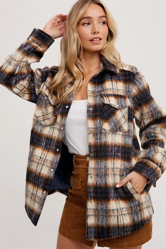 Brushed Flannel Plaid Shacket NAVY COMBO-Jacket-Peace Love Line-S-NAVY COMBO-Urbanheer