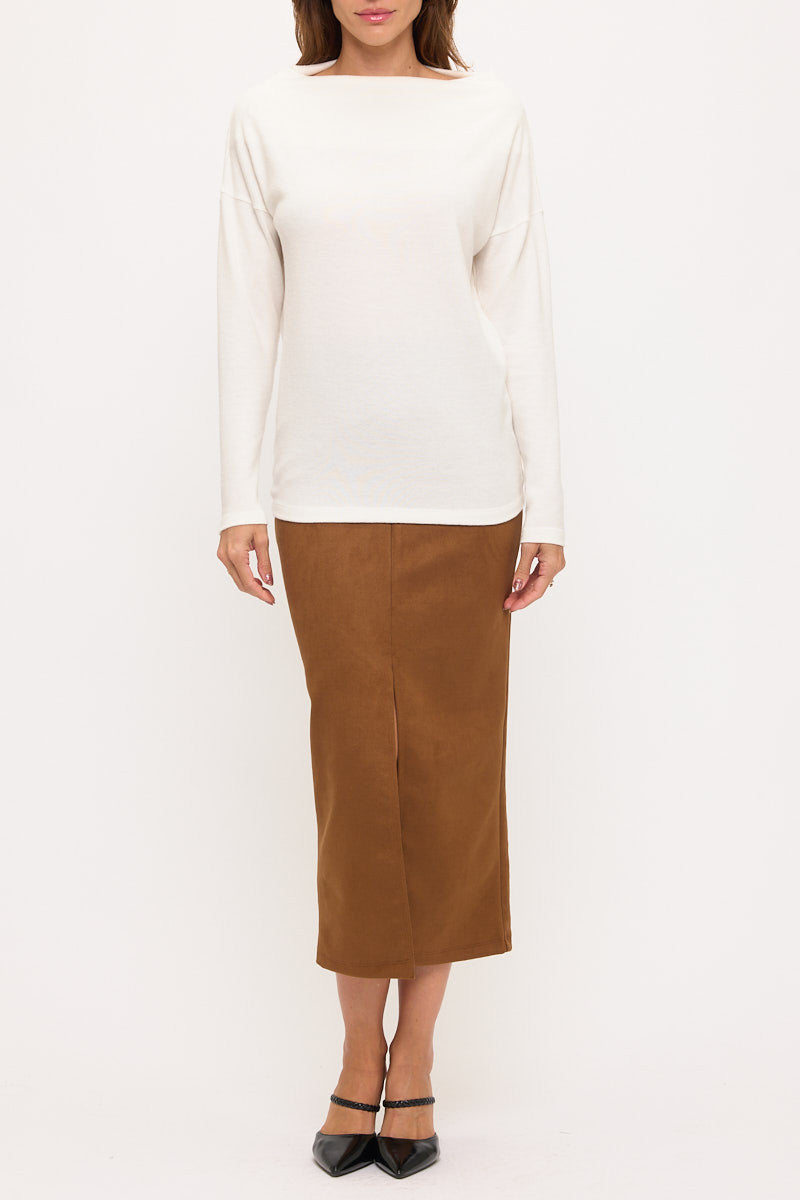 Brushed Knit Boat Neck Off the Shoulder Top-1