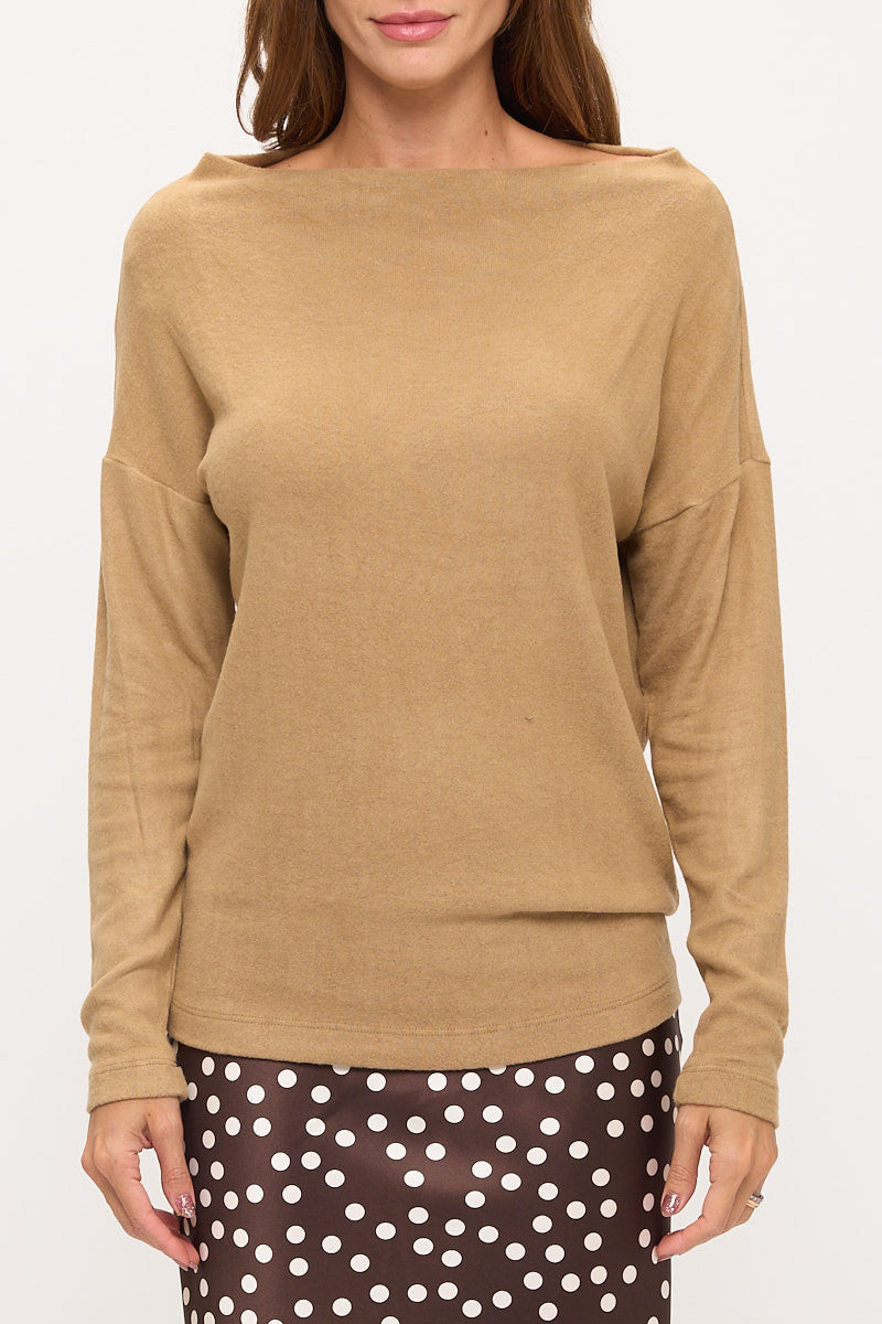 Brushed Knit Boat Neck Off the Shoulder Top-1