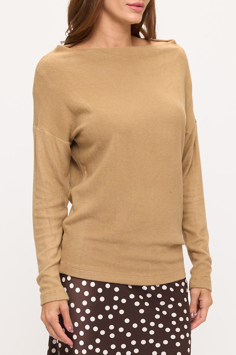 Brushed Knit Boat Neck Off the Shoulder Top-2