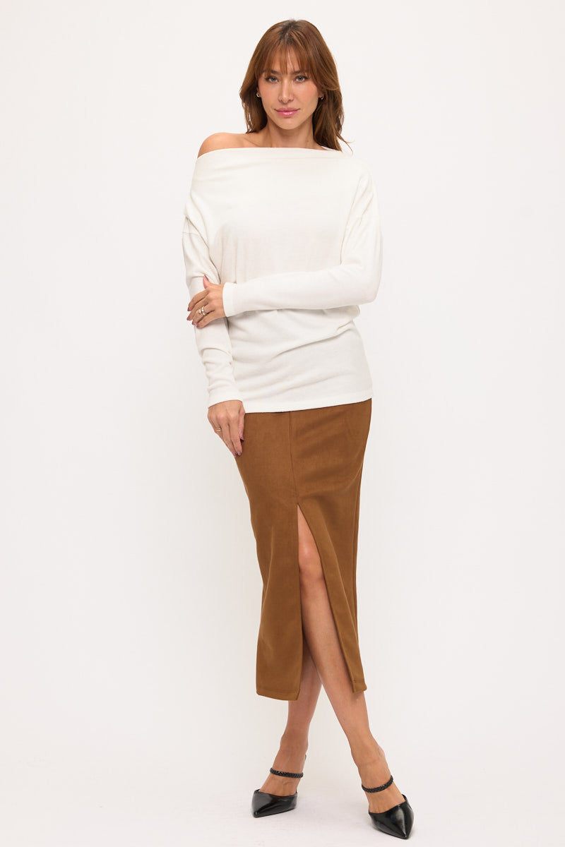 Brushed Knit Boat Neck Off the Shoulder Top-4