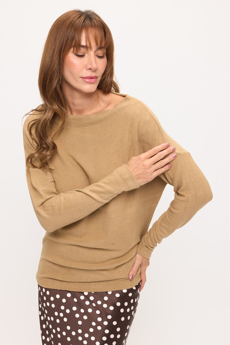 Brushed Knit Boat Neck Off the Shoulder Top-0