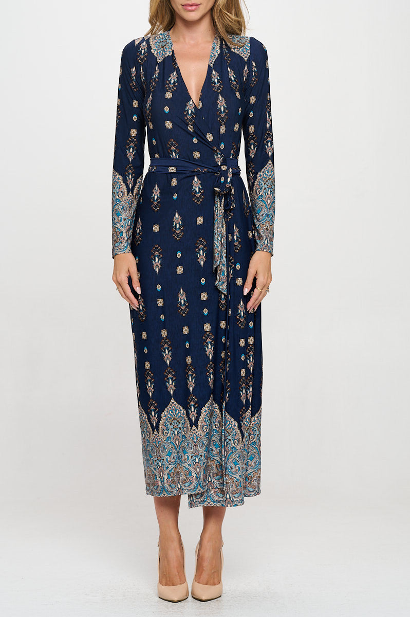Brushed Knit Print V neck Jersey Wrap Maxi Dress with Tie-Dresses-Reneecollection-Small-NAVY-Urbanheer