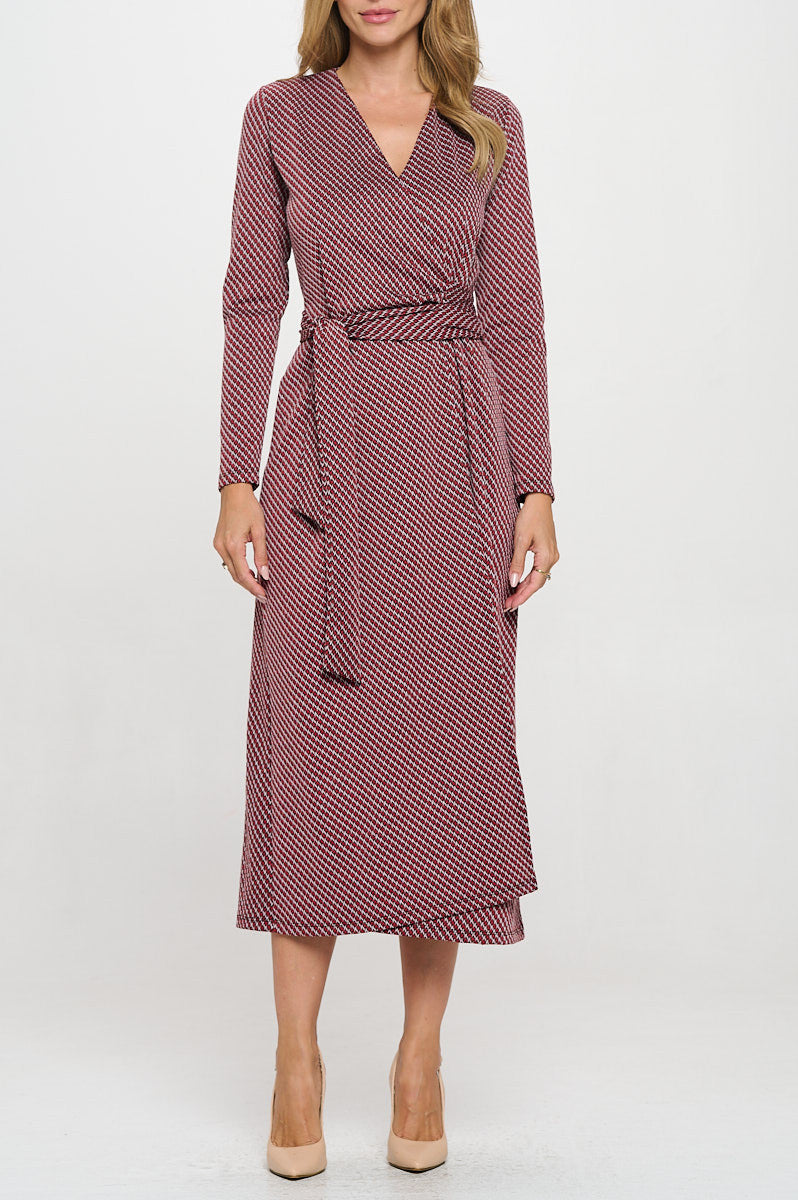 Brushed Knit Print V neck Jersey Wrap Maxi Dress with Tie-Dresses-Reneecollection-Small-BLACK/RED-Urbanheer