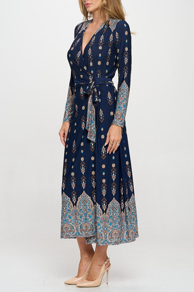 Brushed Knit Print V neck Jersey Wrap Maxi Dress with Tie-Dresses-Reneecollection-Small-NAVY-Urbanheer