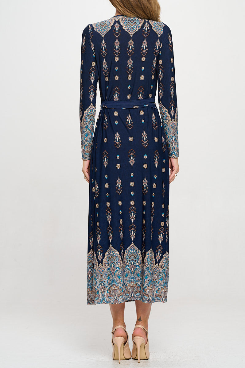 Brushed Knit Print V neck Jersey Wrap Maxi Dress with Tie-Dresses-Reneecollection-Small-NAVY-Urbanheer