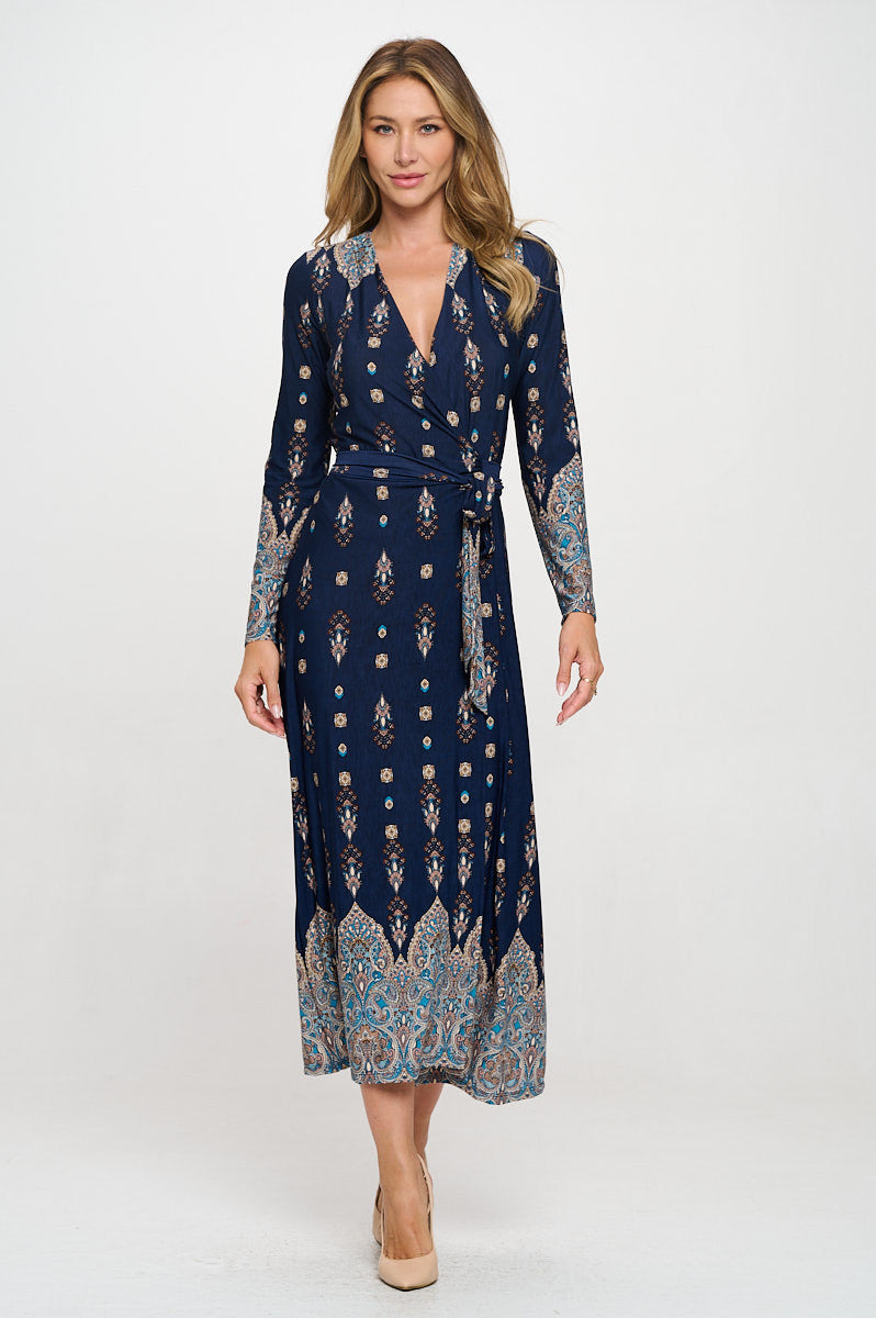 Brushed Knit Print V neck Jersey Wrap Maxi Dress with Tie-Dresses-Reneecollection-Small-NAVY-Urbanheer