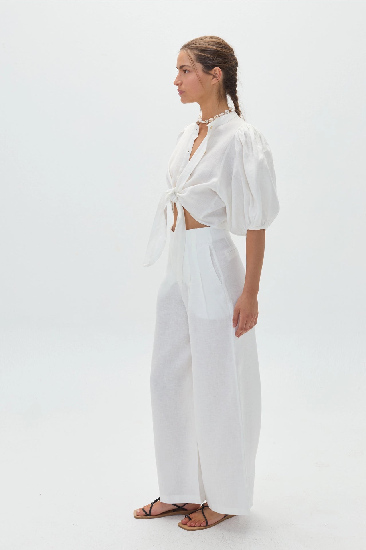 Linen Bubble Crop Top - White