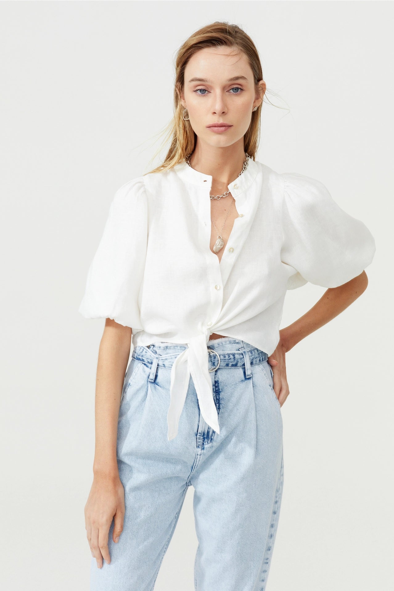 Linen Bubble Crop Top - White