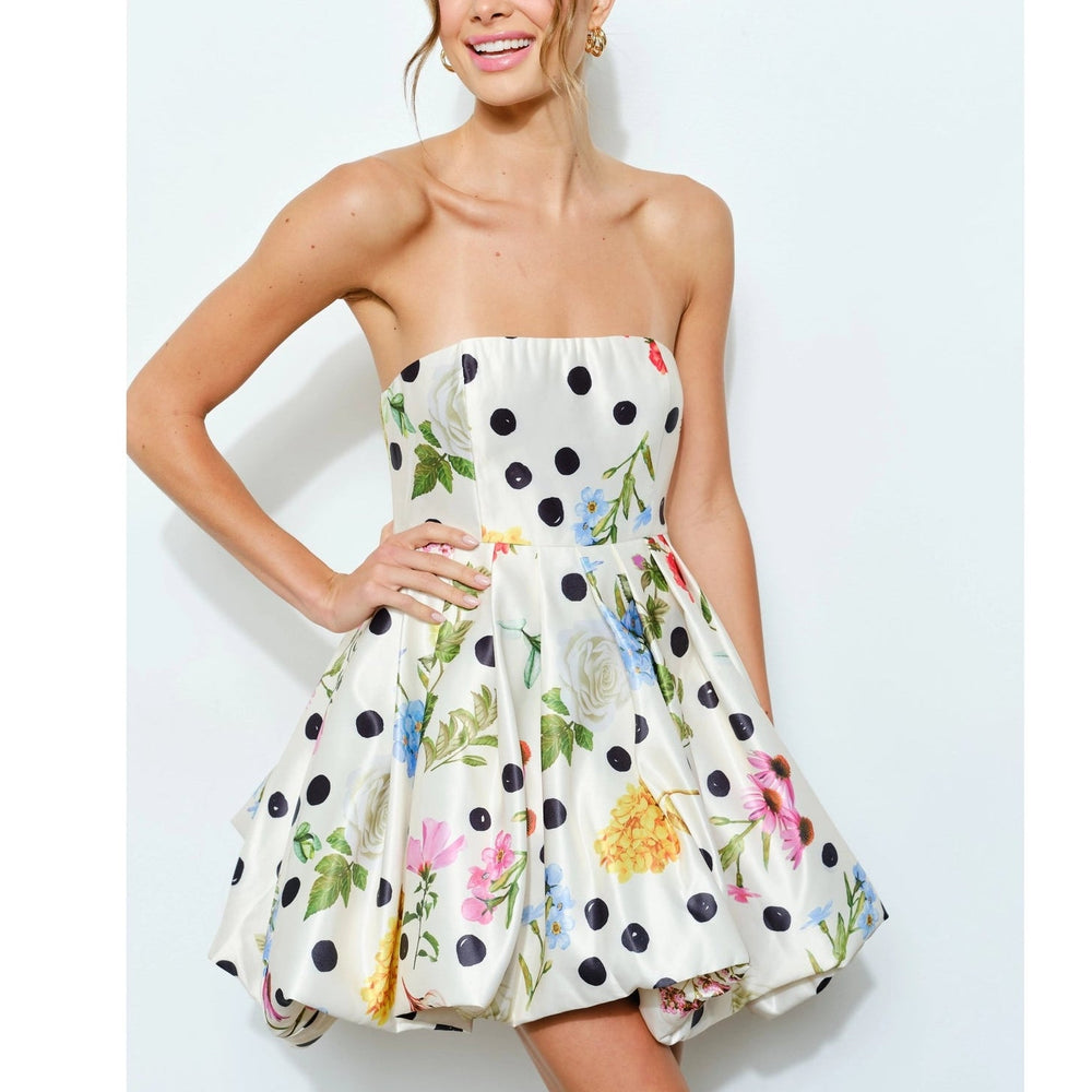 Bubble Hem Floral Dot Print Strapless Mini Dress