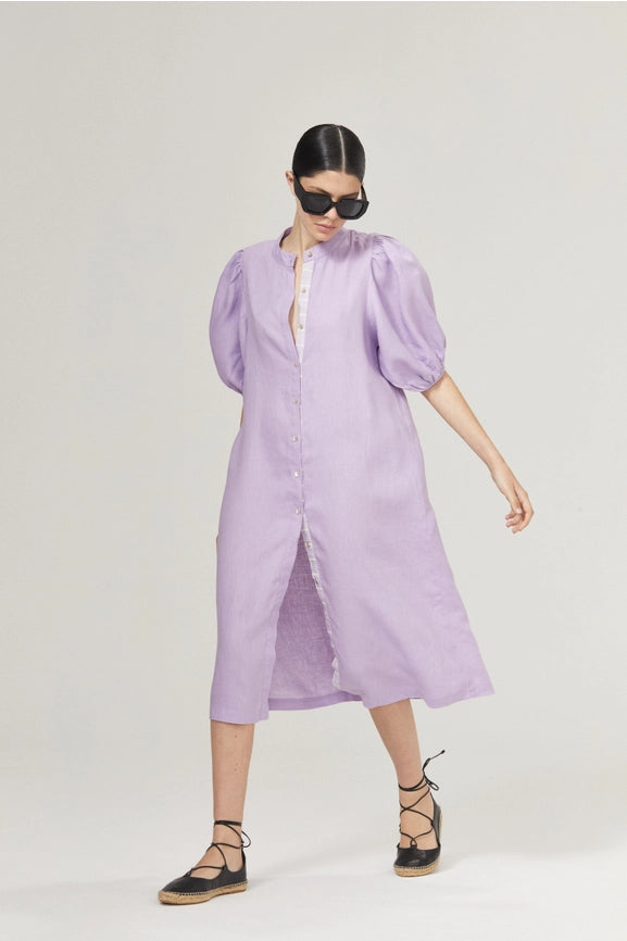 Bubble Linen Dress - Bright Lilac with Contrasting Details-Dress-Lanhtropy-XS-Bright Lilac with Contrasting Details-Urbanheer