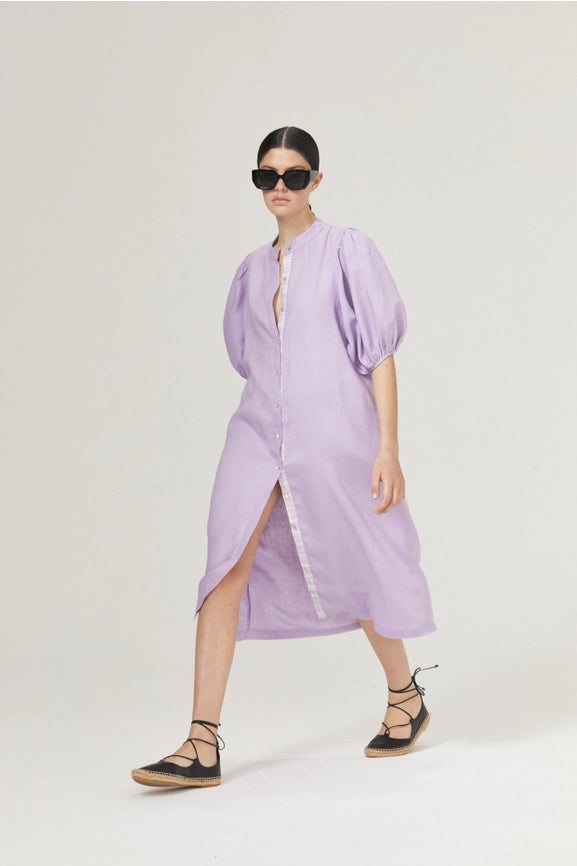 Bubble Linen Dress - Bright Lilac with Contrasting Details-Dress-Lanhtropy-XS-Bright Lilac with Contrasting Details-Urbanheer