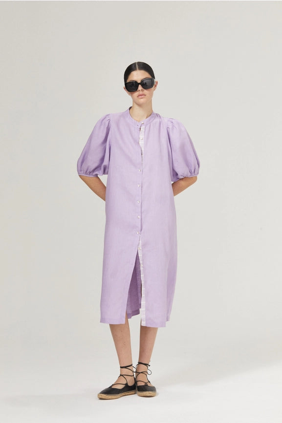 Bubble Linen Dress - Bright Lilac with Contrasting Details-Dress-Lanhtropy-XS-Bright Lilac with Contrasting Details-Urbanheer