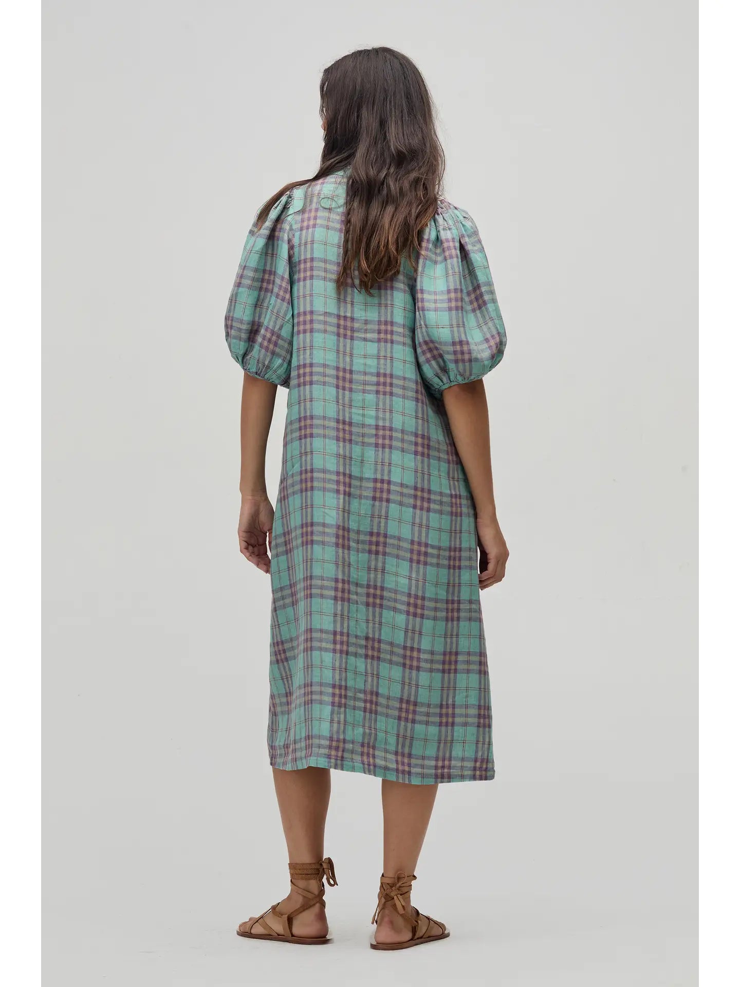 Lanhtropy Bubble Linen Dress - Palma Checks Turquoise Checks / M Lanhtropy Bubble Linen Dress - Palma Checks Turquoise Checks / M