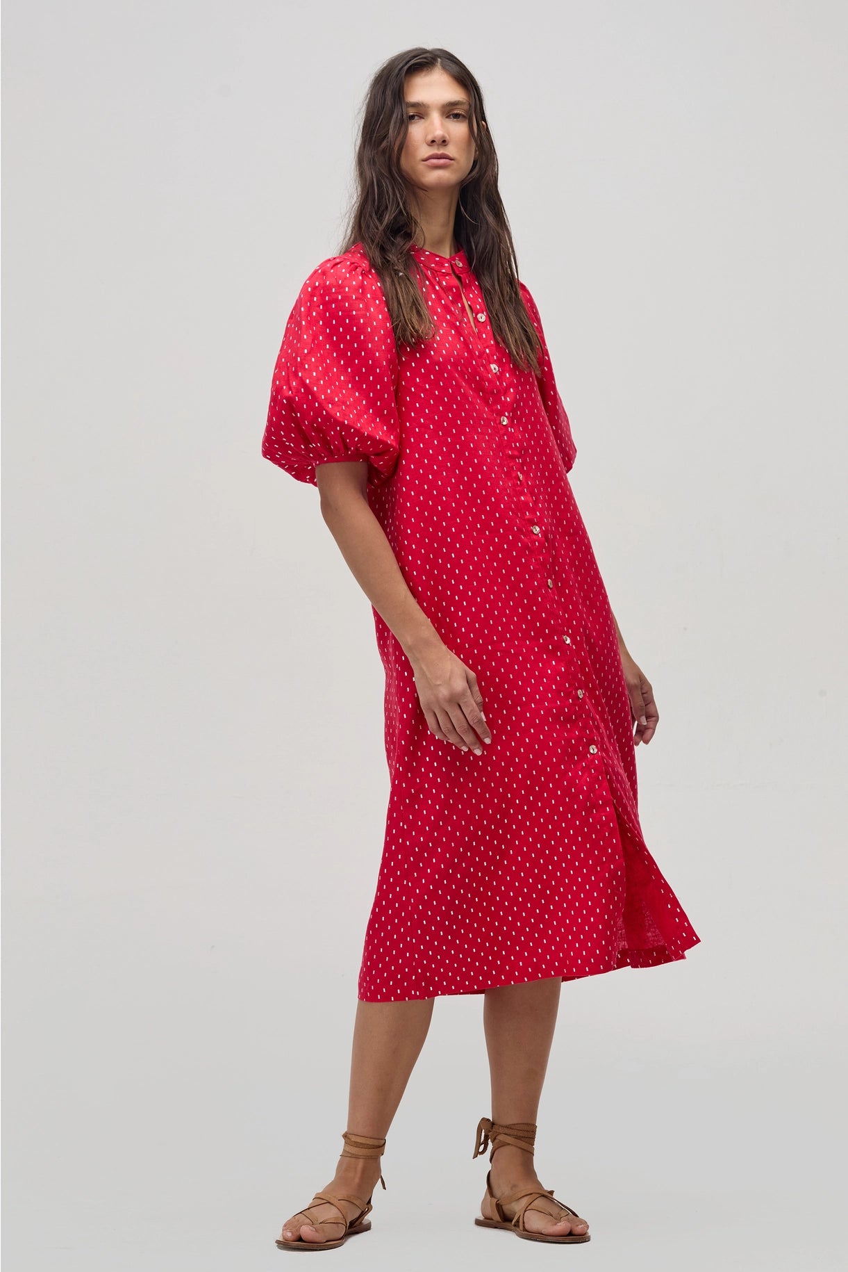 Bubble Linen Dress - Red with Silver Print