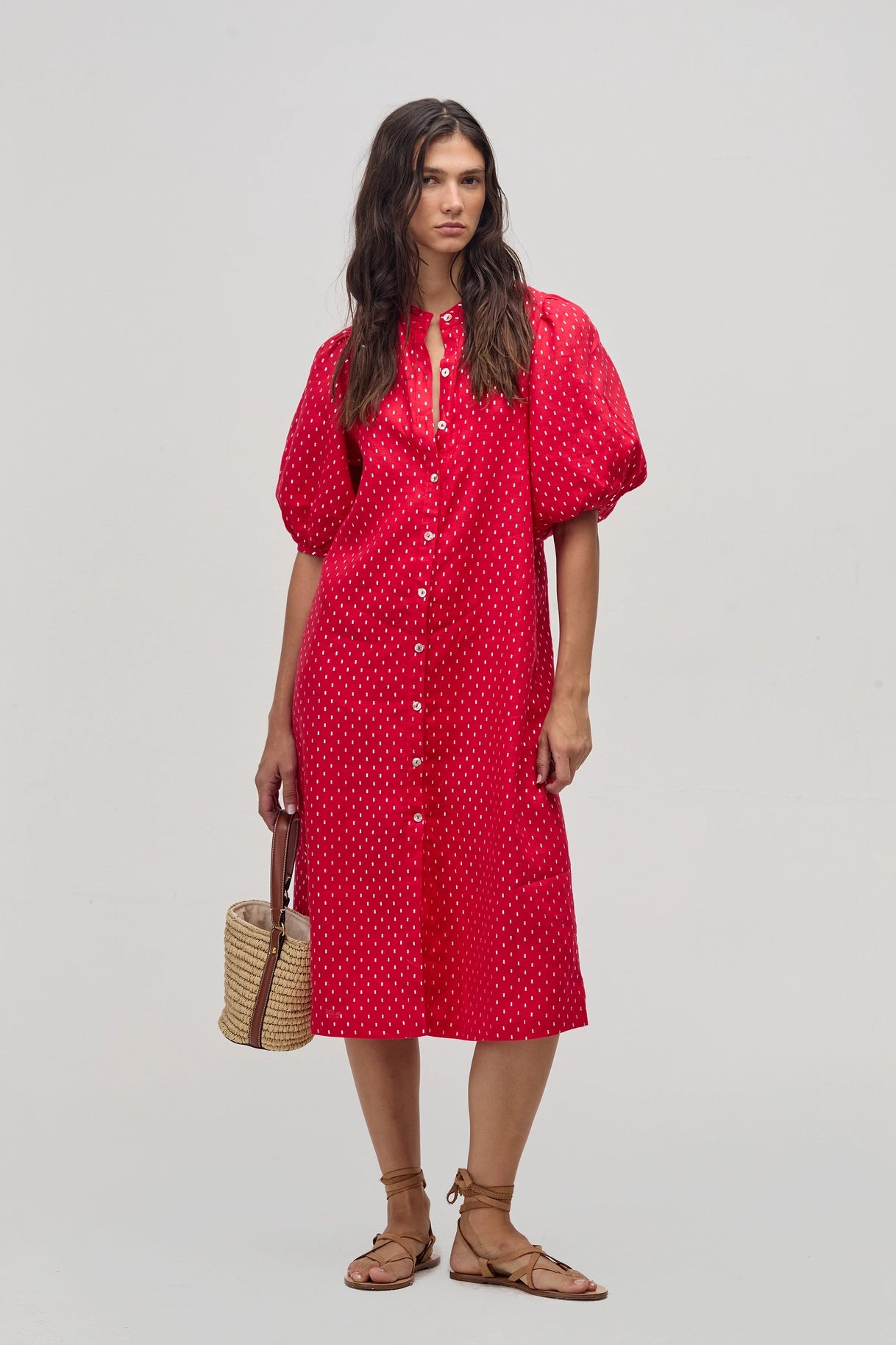 Bubble Linen Dress - Red with Silver Print