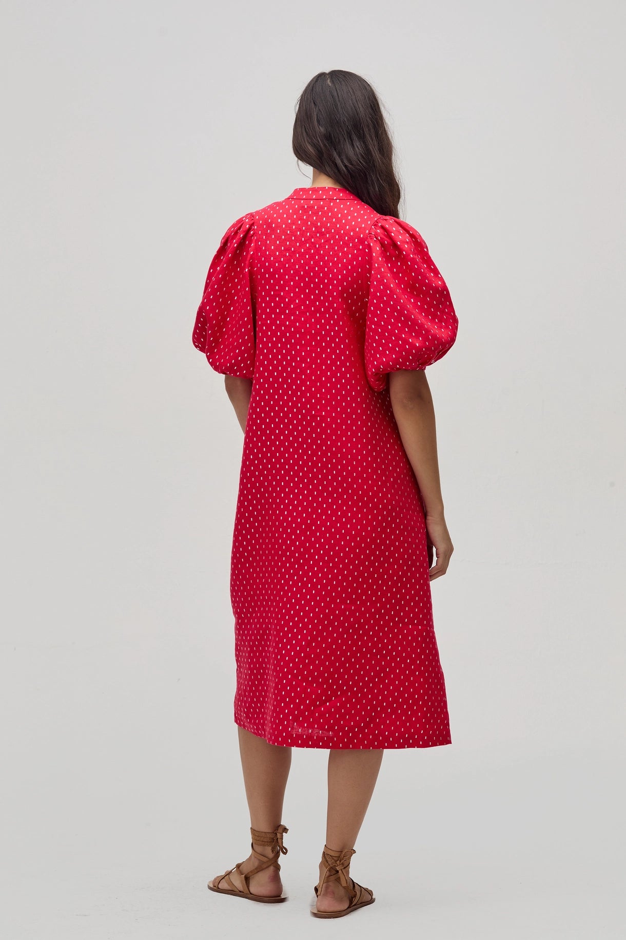 Bubble Linen Dress - Red with Silver Print